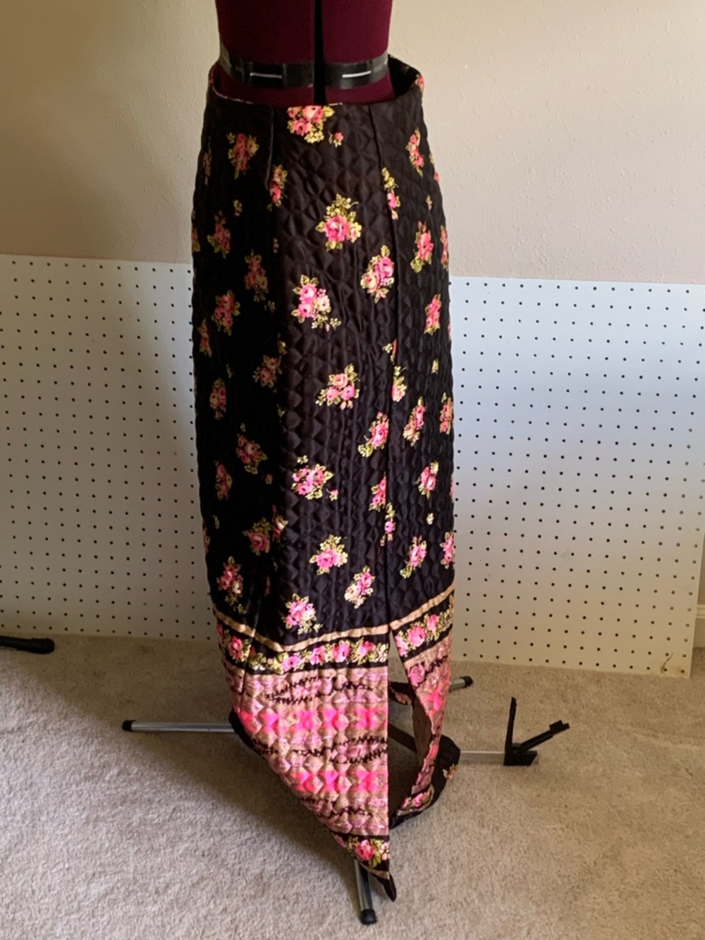 Black Quilted Maxi Skirt with Pink Floral Border - Picture 6 of 11